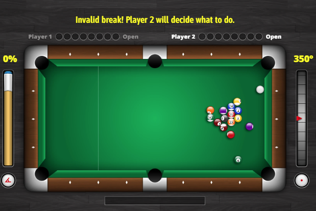 Invalid break in pool - no balls hit the rails